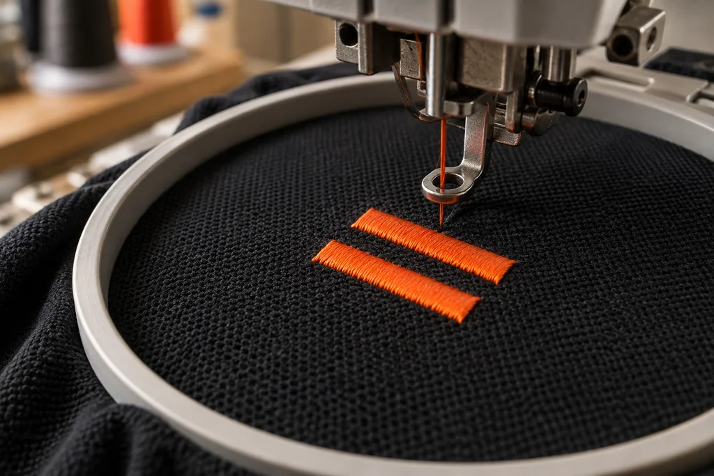 Close-up of orange satin stitching on black piqué fabric.
