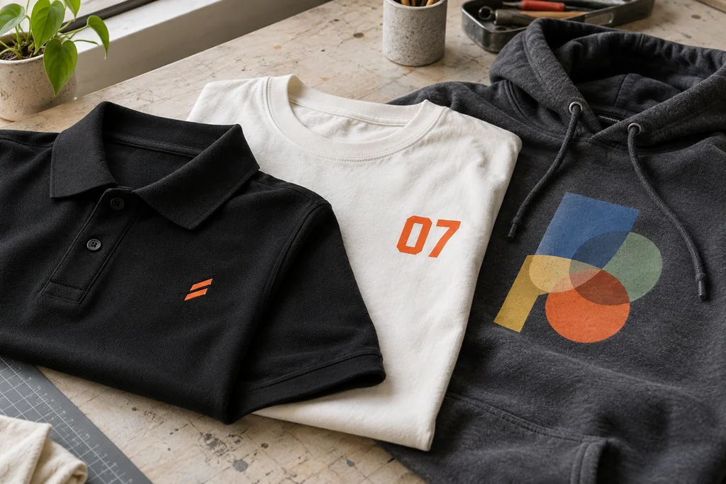 A black polo, white T-shirt and charcoal hoodie with illustrative embroidered and printed designs.