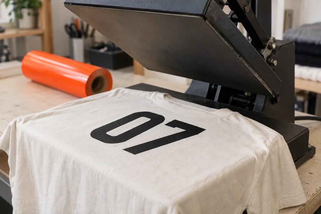 Illustrative black vinyl number on a white shirt in an open heat press.